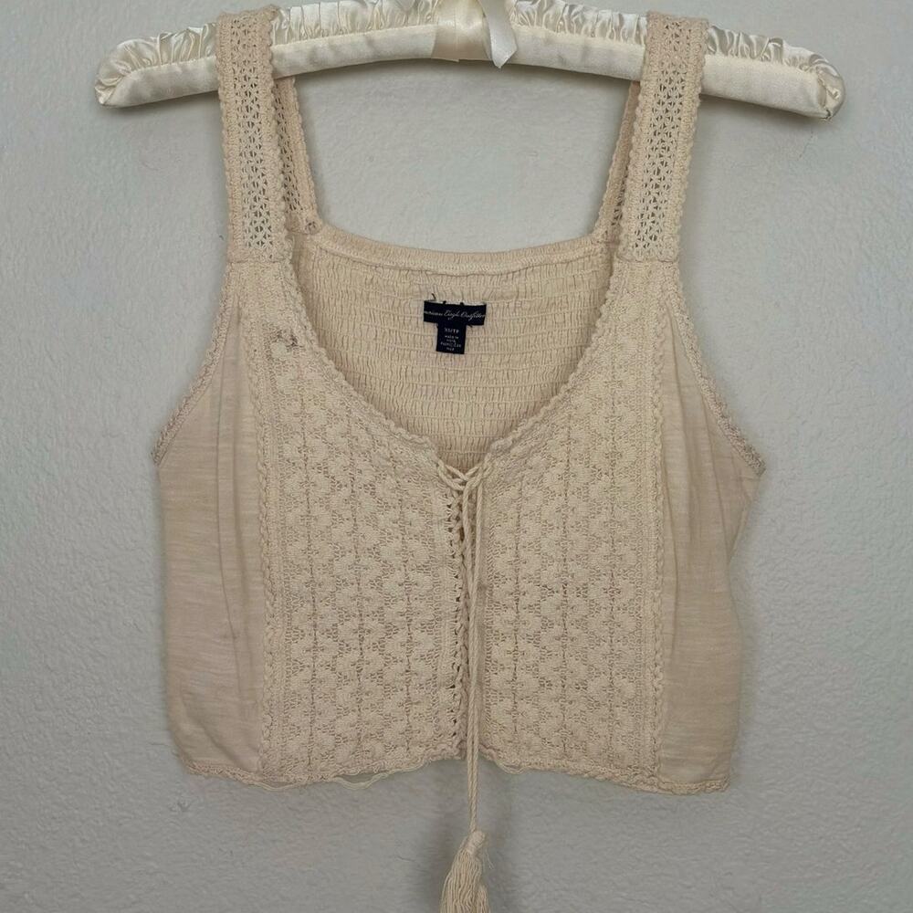 Cute American Eagle CS Boho Chic Cream Knit Crochet Smocked Tank Top Corset